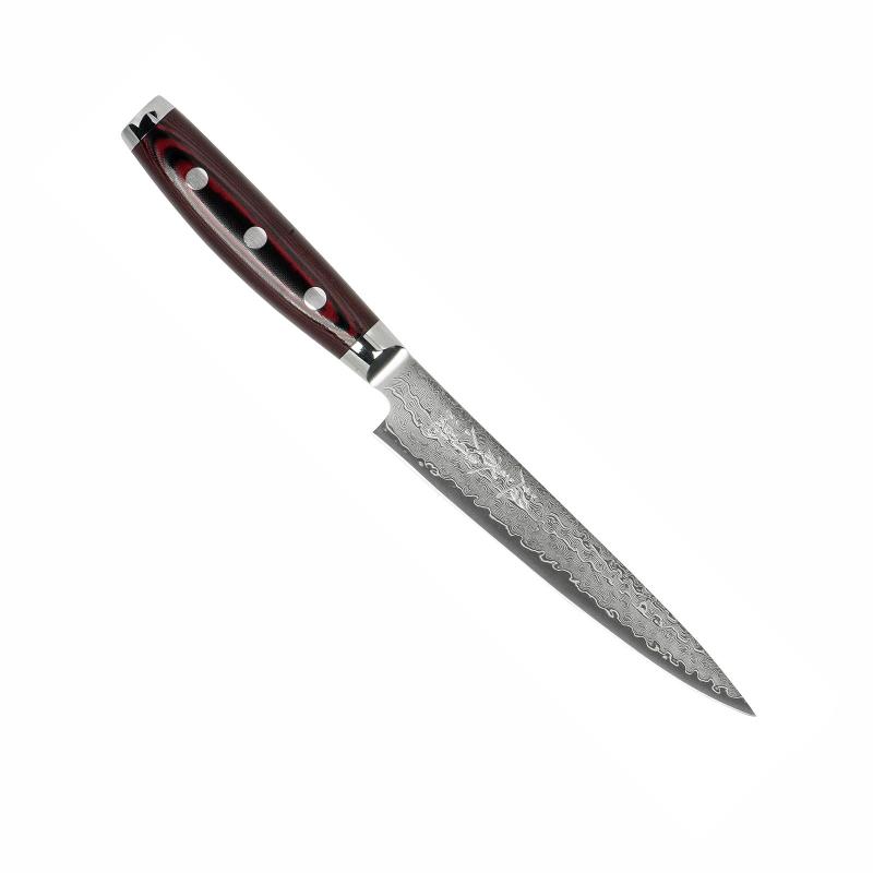 Jaapani köögiviljanuga damaskuse teraga Yaxell Super Gou 15 cm, SG2 südamik, 161 kihti, 63 HRC, punamust micarta käepide