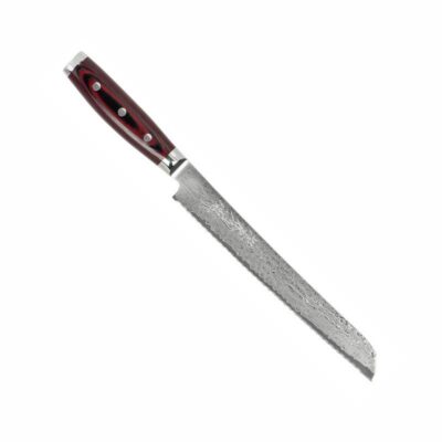 Jaapani leivanuga 23 cm 161-kihilise teraga Yaxell Super Gou, SG2 südamik, kõvadus 63 HRC, punamust micarta käepide,