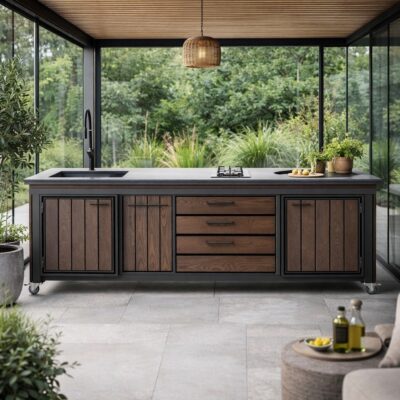 Väliköök JANE 2500 graniidist tasapinna, gaasipliidi, valamu ja grilli avaga