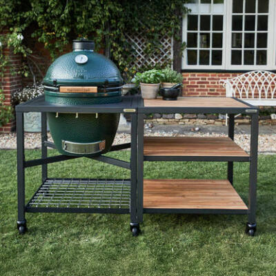 Moodulväliköögi komplekt Big Green Egg Large laiendusraamiga – akaatsiapuidust riiulitega ja ratastel