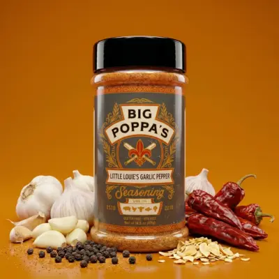Universaalne küüslaugu-pipra BBQ-maitseainesegu Big Poppa's Little Louie's Garlic Pepper, 411 g