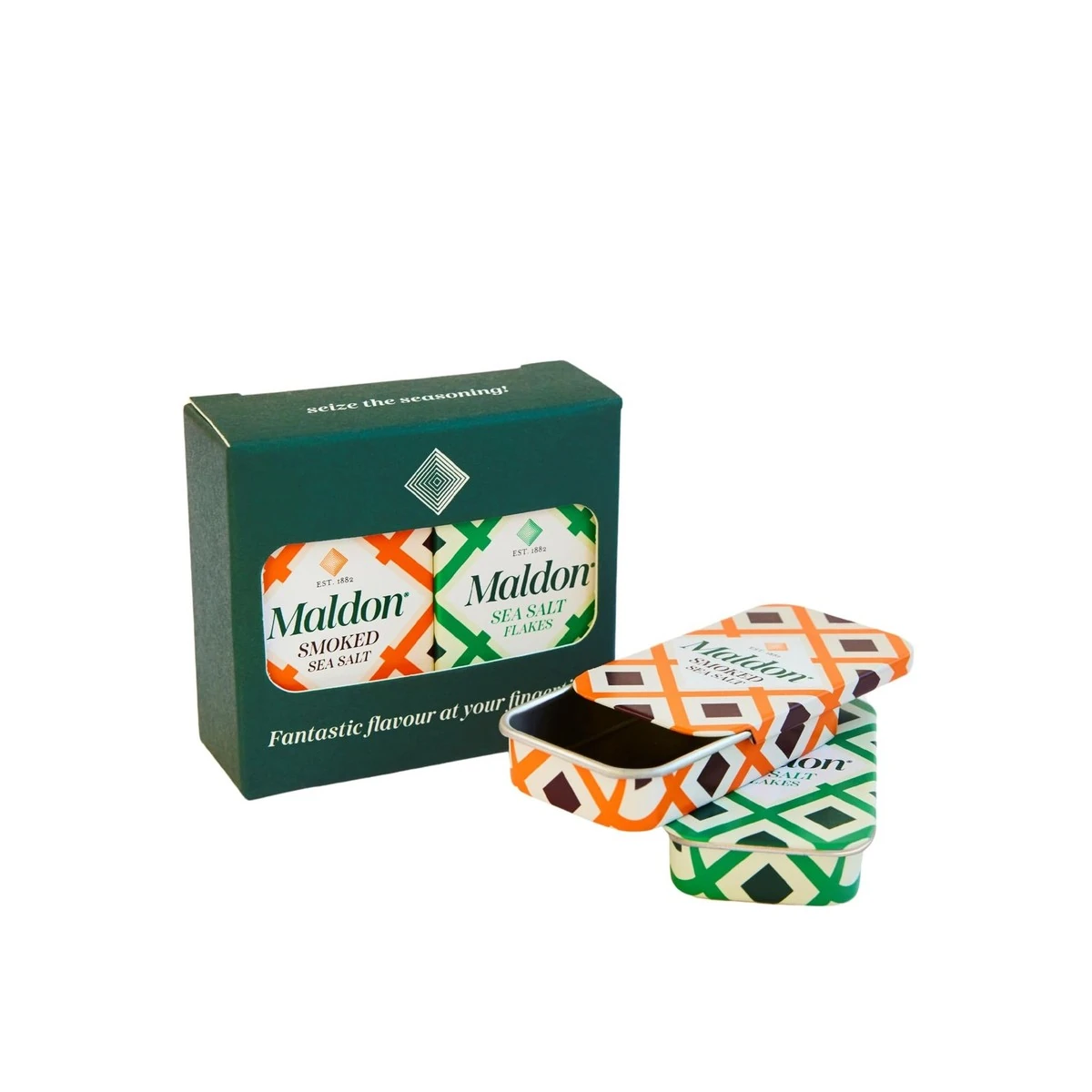 Maldon Pinch Tin soolatopside kinkekomplekt, 4 tühja metallist soolatopsi originaal- ja suitsusoola disainiga