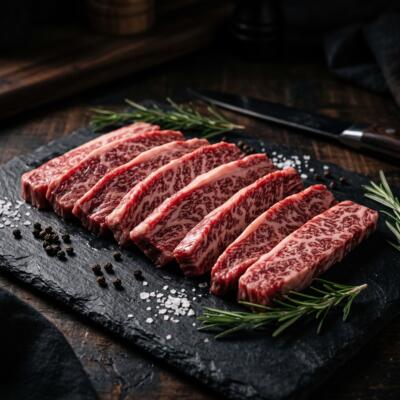 Wagyu rib fingers, pikad marmoreeritud roietevahelised liharibad tumedal alusel