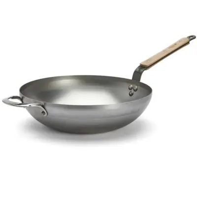 Süsinikterasest wokpann de Buyer Mineral B Bois, 32 cm, pöögipuust käepidemega